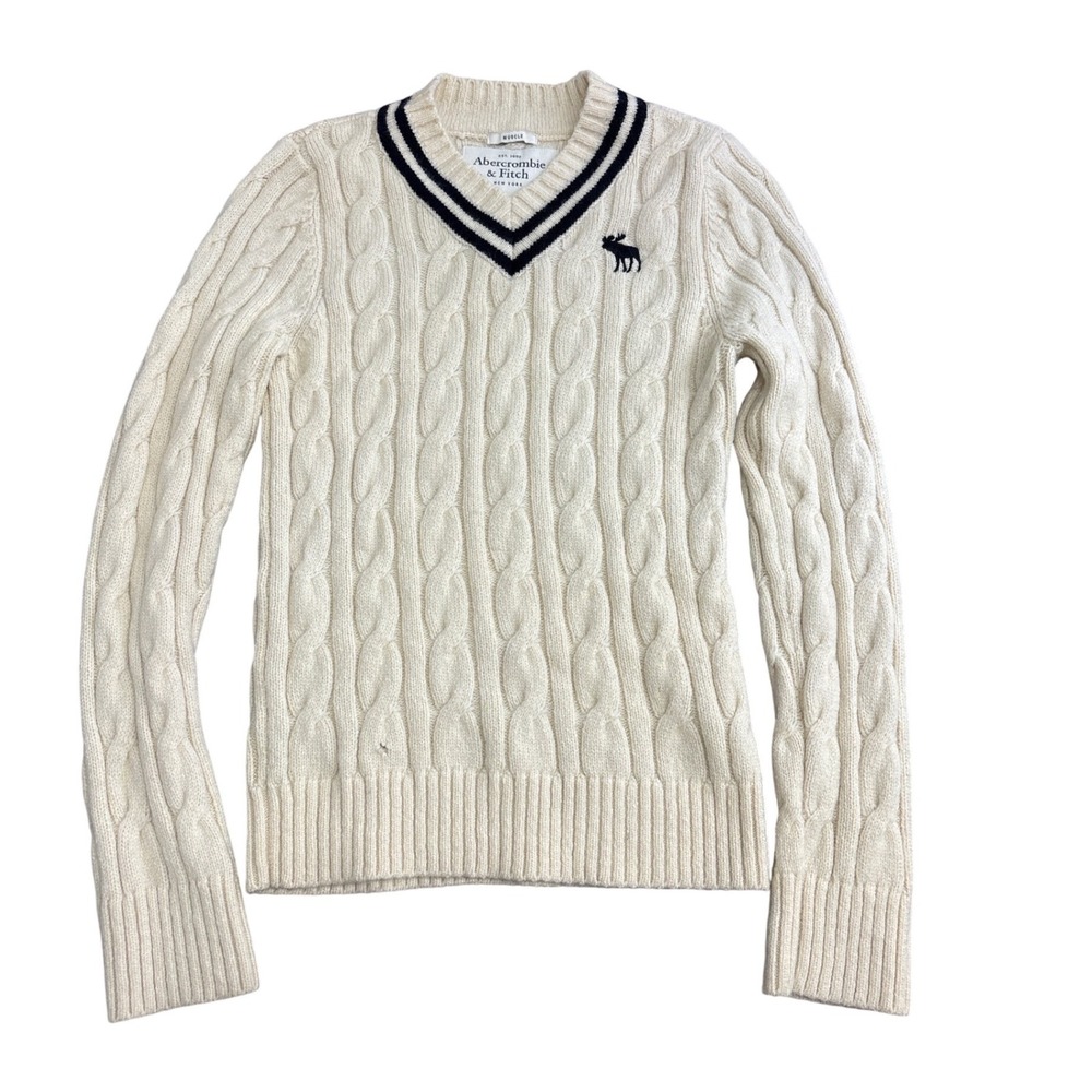 Abercrombie & Fitch Womens Cream Cable Knit Varsity V-Neck Muscle Sweater Size M